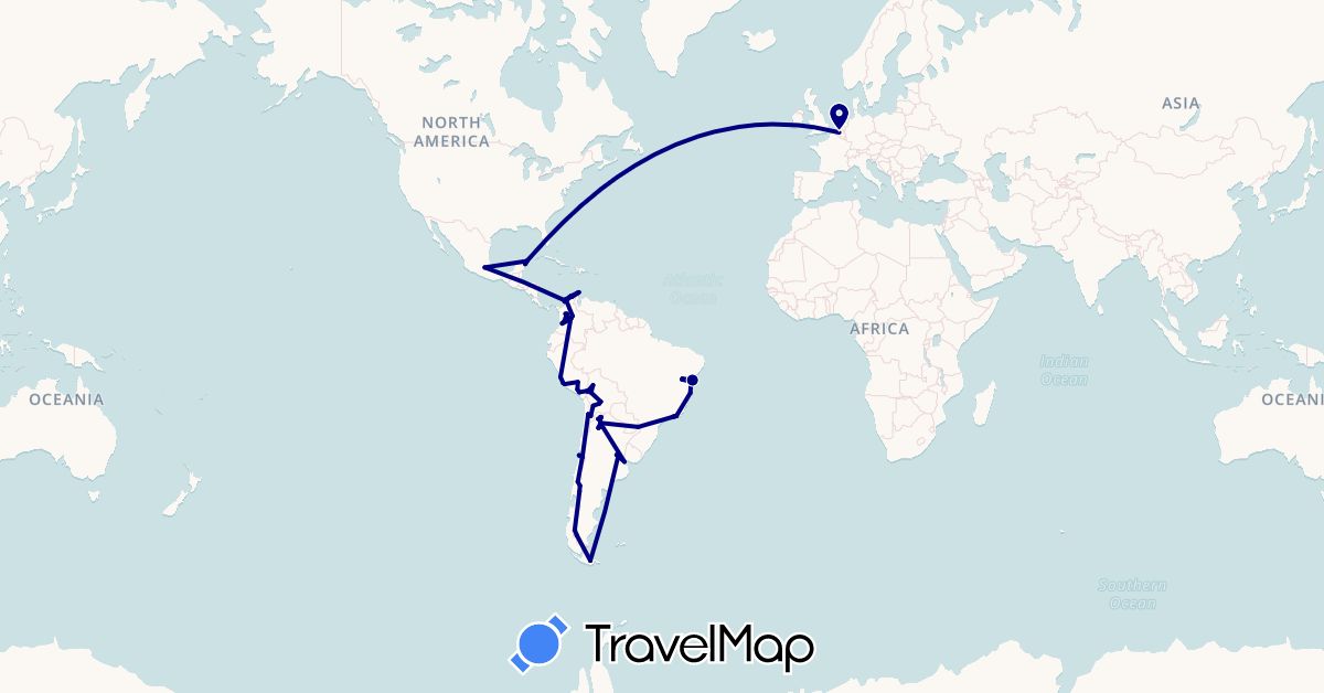 TravelMap itinerary: driving in Argentina, Belgium, Bolivia, Brazil, Chile, Colombia, Mexico, Peru (Europe, North America, South America)